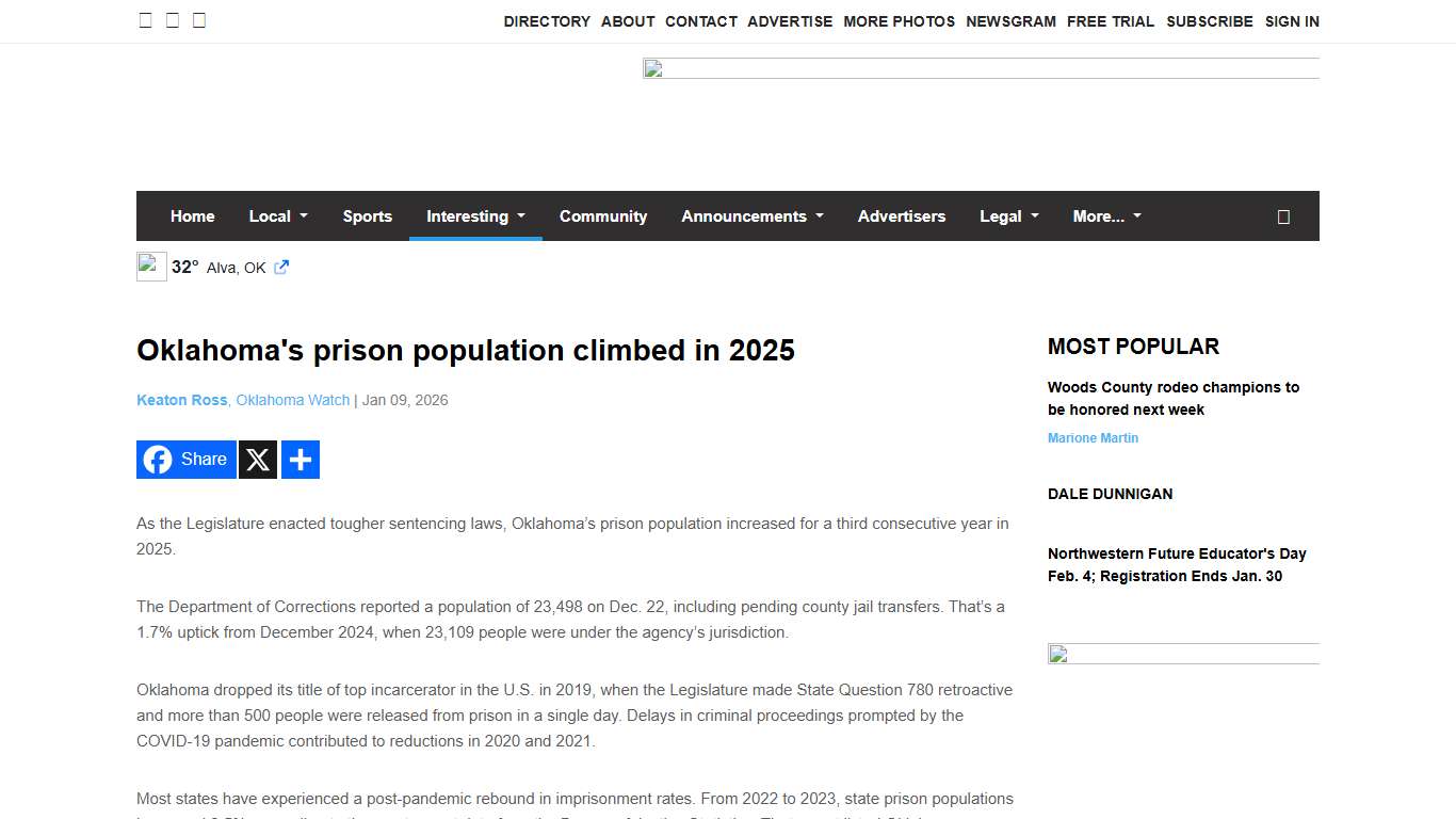 Oklahoma's prison population climbed in 2025 - Alva Review-Courier